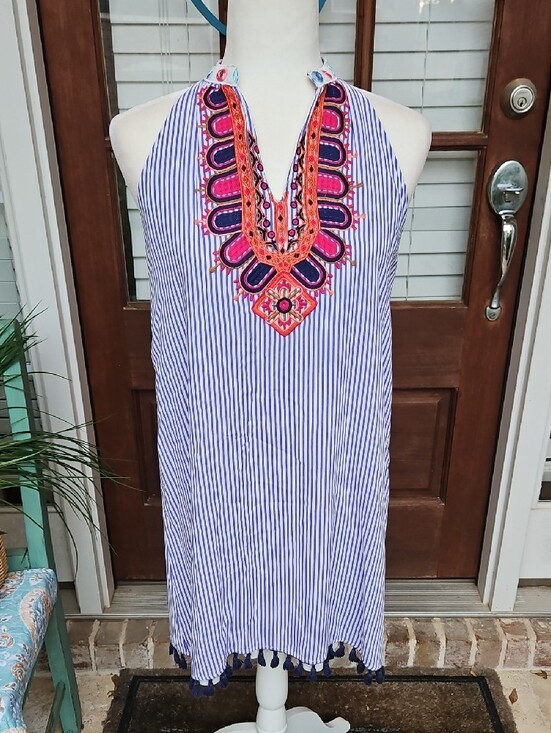 THML Dresses & Skirts - THML Anthropologie Brand Embroidered Navy Stripe Halter Dress - Blue